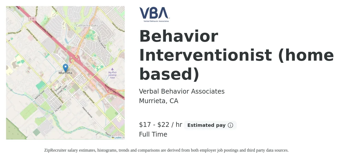 Verbal Behavior Associates job posting for a Behavior Interventionist (home based) in Murrieta, CA with a salary of $18 to $23 Hourly with a map of Murrieta location.