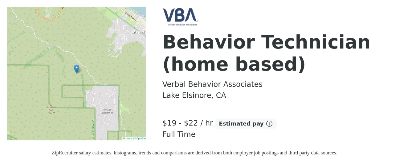 Verbal Behavior Associates job posting for a Behavior Technician (home based) in Lake Elsinore, CA with a salary of $20 to $23 Hourly with a map of Lake Elsinore location.
