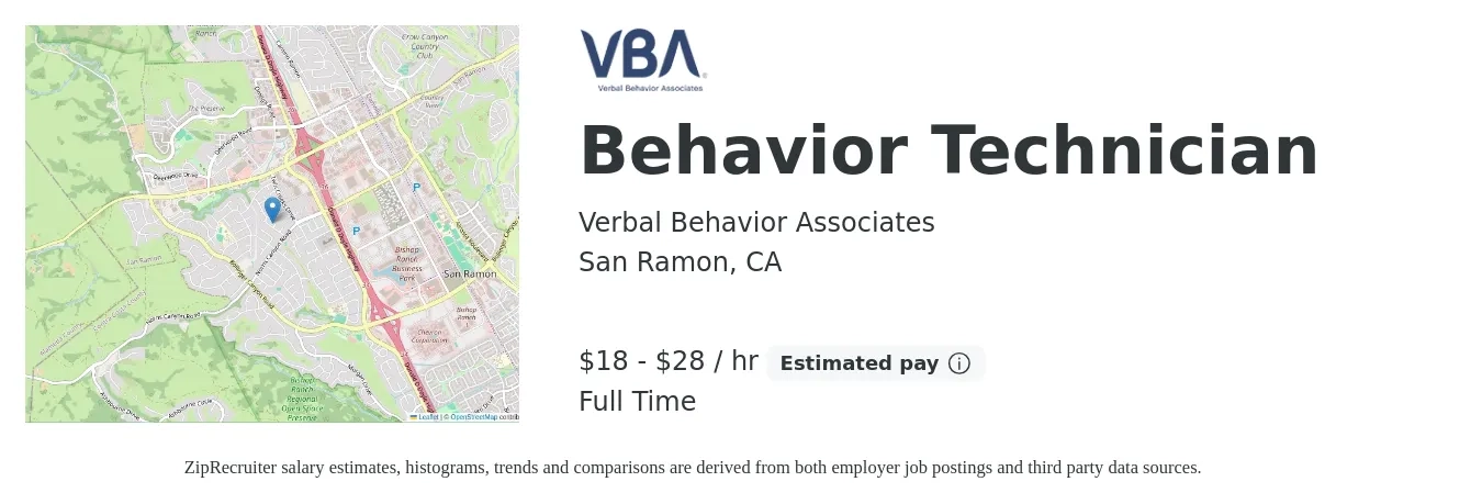 Verbal Behavior Associates job posting for a Behavior Technician in San Ramon, CA with a salary of $19 to $30 Hourly with a map of San Ramon location.
