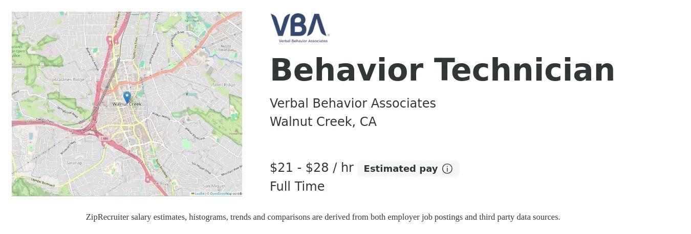 Verbal Behavior Associates job posting for a Behavior Technician in Walnut Creek, CA with a salary of $22 to $30 Hourly with a map of Walnut Creek location.