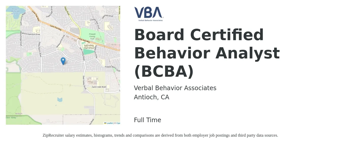 Verbal Behavior Associates job posting for a Board Certified Behavior Analyst (BCBA) in Antioch, CA with a salary of $84,100 to $102,900 Yearly with a map of Antioch location.