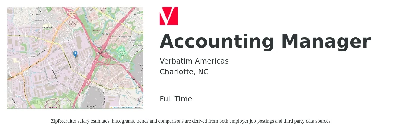 Verbatim Americas job posting for a Accounting Manager in Charlotte, NC with a salary of $71,700 to $102,900 Yearly with a map of Charlotte location.