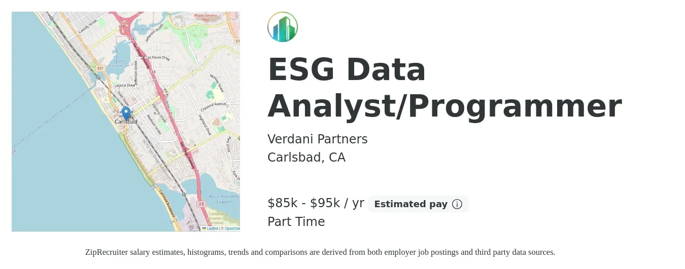 Verdani Partners job posting for a ESG Data Analyst/Programmer in Carlsbad, CA with a salary of $85,000 to $95,000 Yearly with a map of Carlsbad location.