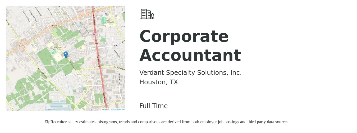 Verdant Specialty Solutions, Inc. job posting for a Corporate Accountant in Houston, TX with a salary of $62,100 to $84,000 Yearly with a map of Houston location.