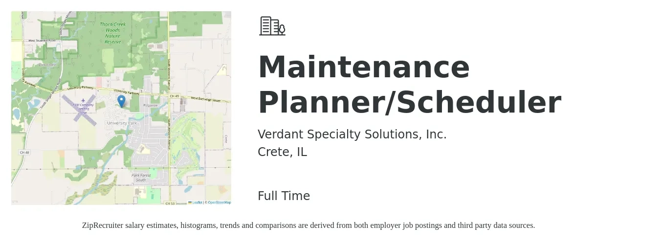 Verdant Specialty Solutions, Inc. job posting for a Maintenance Planner/Scheduler in Crete, IL with a salary of $58,700 to $71,600 Yearly with a map of Crete location.