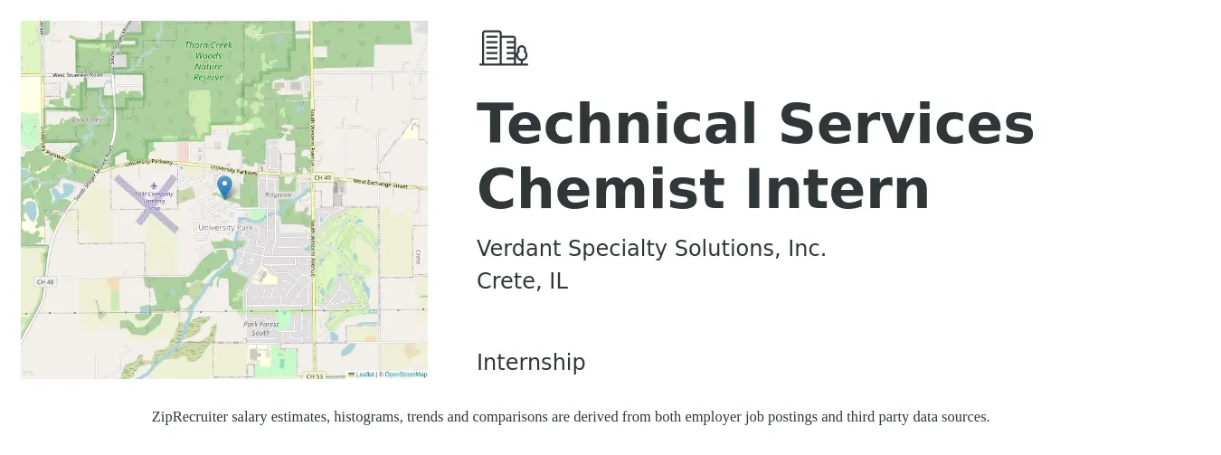 Verdant Specialty Solutions, Inc. job posting for a Technical Services Chemist Intern in Crete, IL with a salary of $15 to $19 Hourly with a map of Crete location.