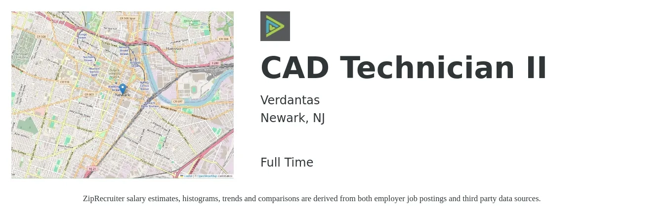Verdantas job posting for a CAD Technician II in Newark, NJ with a salary of $23 to $34 Hourly with a map of Newark location.