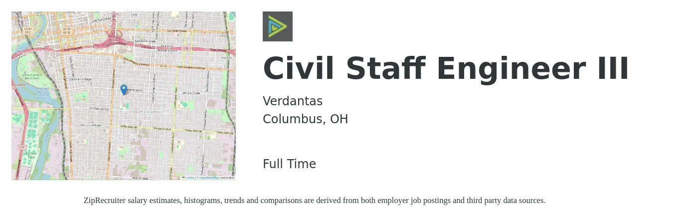 Verdantas job posting for a Civil Staff Engineer III in Columbus, OH with a salary of $65,200 to $95,100 Yearly with a map of Columbus location.