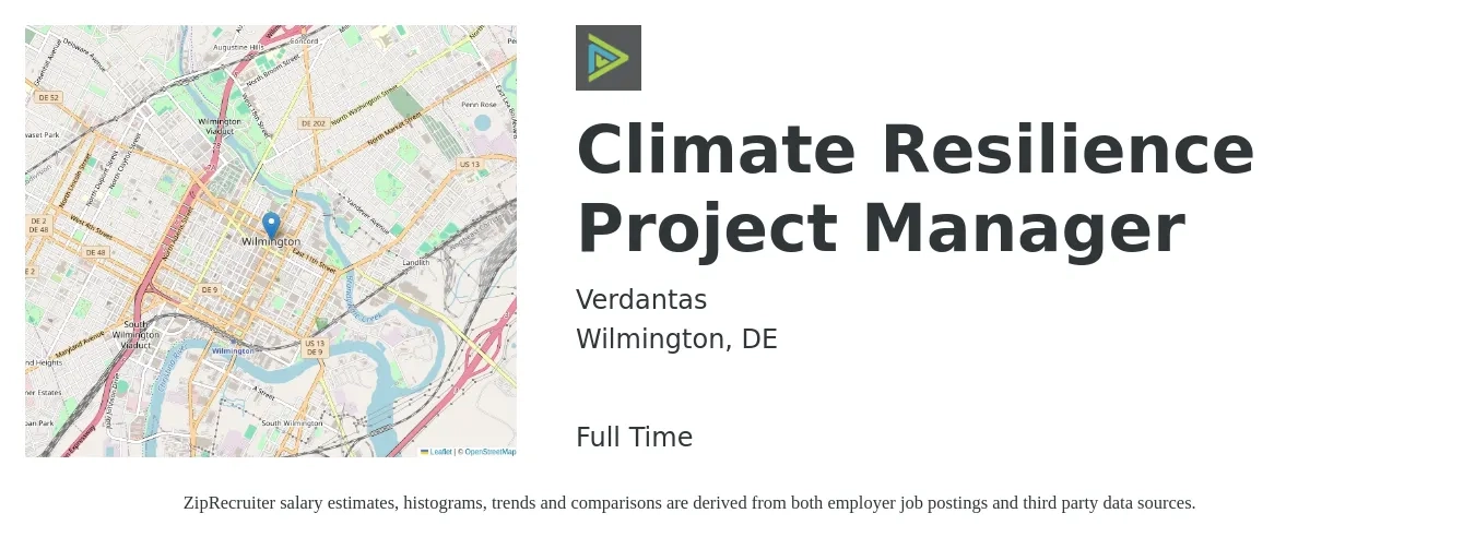 Verdantas job posting for a Climate Resilience Project Manager in Wilmington, DE with a salary of $76,200 to $119,400 Yearly with a map of Wilmington location.