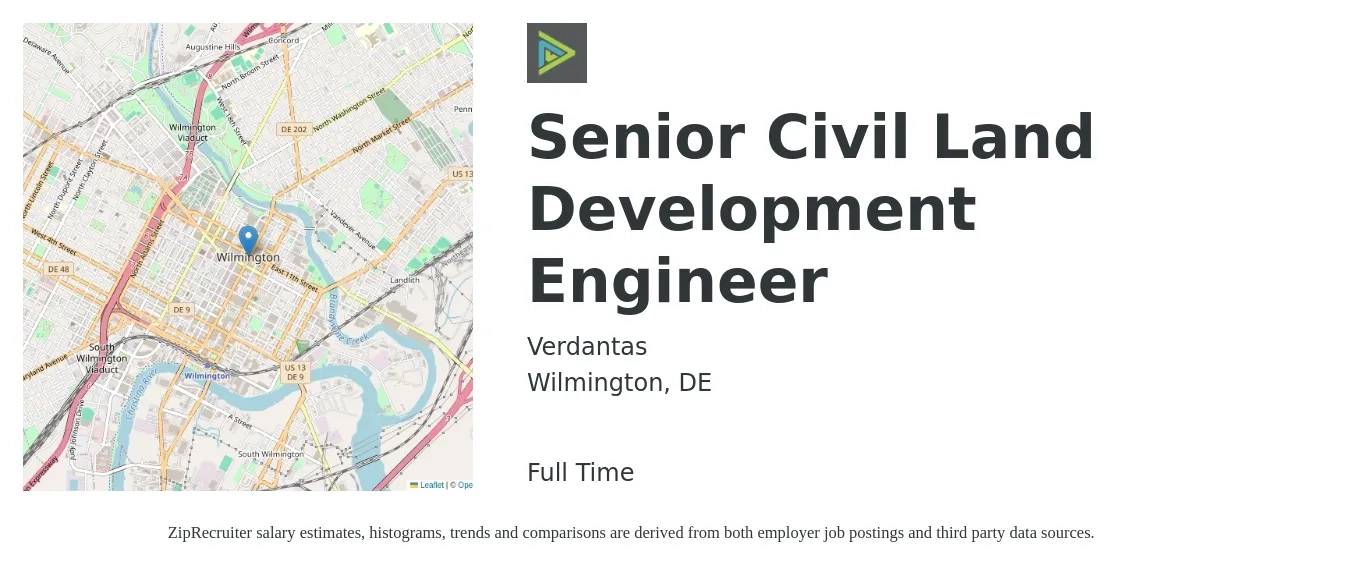 Verdantas job posting for a Senior Civil Land Development Engineer in Wilmington, DE with a salary of $83,500 to $124,200 Yearly with a map of Wilmington location.