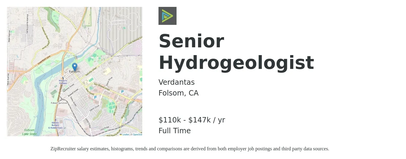 Verdantas job posting for a Senior Hydrogeologist in Folsom, CA with a salary of $110,000 to $147,000 Yearly with a map of Folsom location.