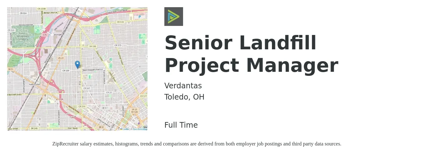 Verdantas job posting for a Senior Landfill Project Manager in Toledo, OH with a salary of $101,800 to $143,600 Yearly with a map of Toledo location.