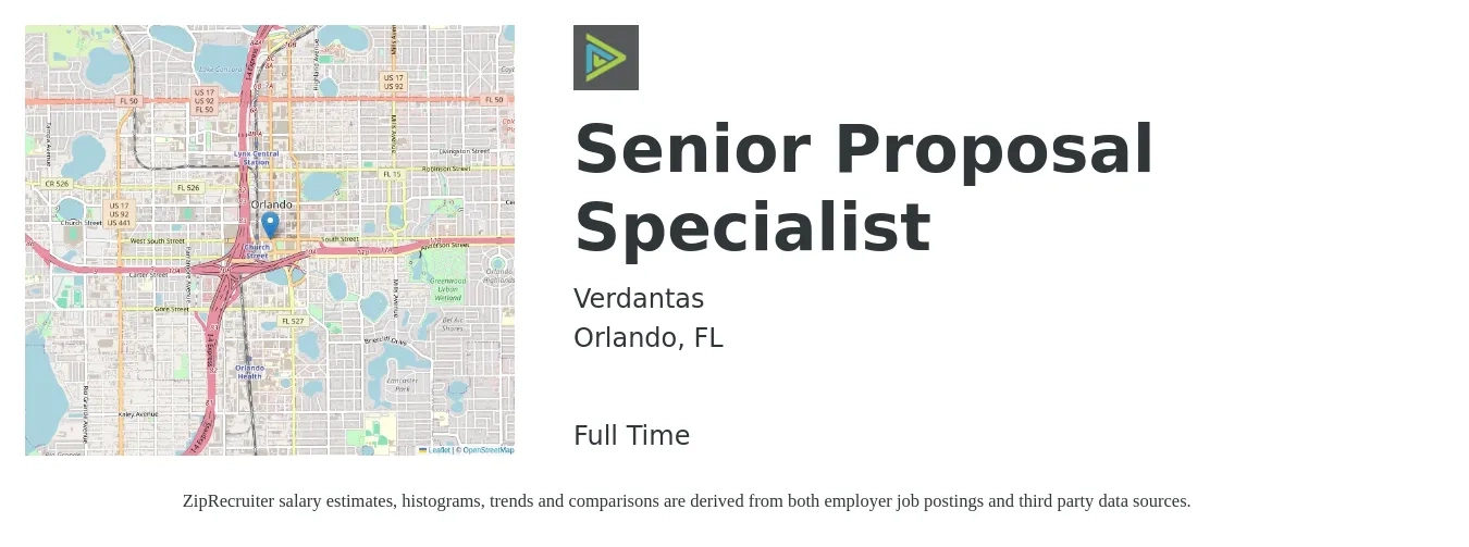 Verdantas job posting for a Senior Proposal Specialist in Orlando, FL with a salary of $47,600 to $74,700 Yearly with a map of Orlando location.