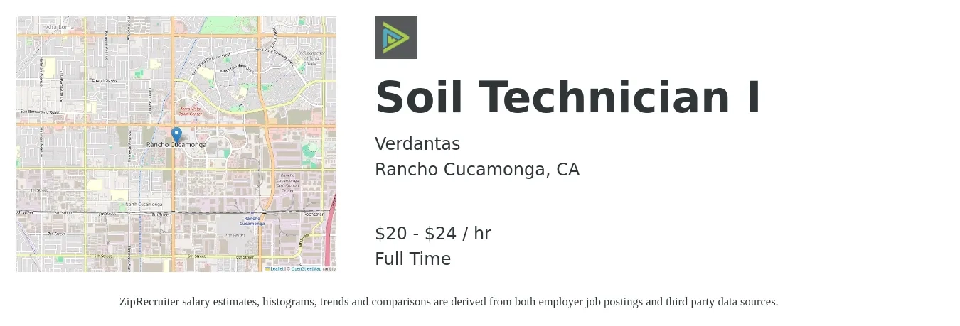 Verdantas job posting for a Soil Technician I in Rancho Cucamonga, CA with a salary of $38,300 to $41,400 Yearly with a map of Rancho Cucamonga location.