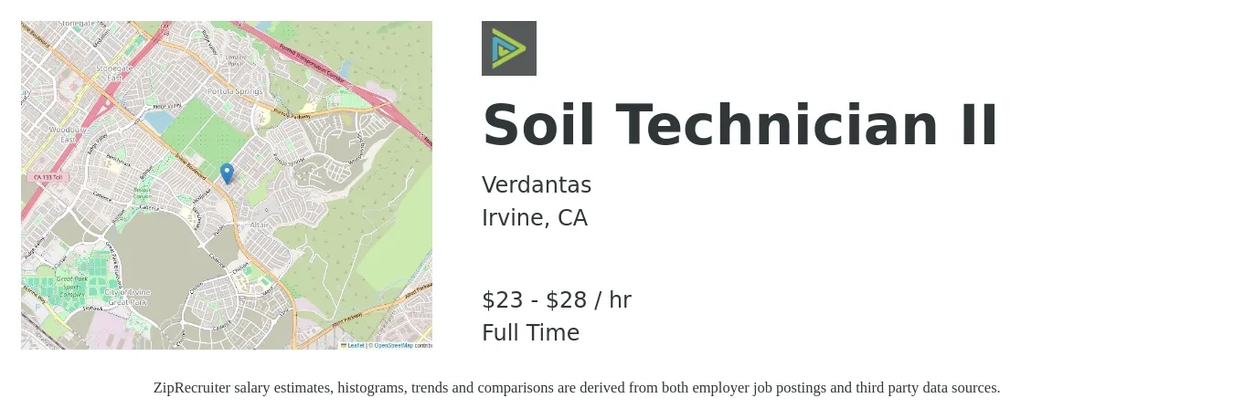 Verdantas job posting for a Soil Technician II in Irvine, CA with a salary of $19 to $27 Hourly with a map of Irvine location.