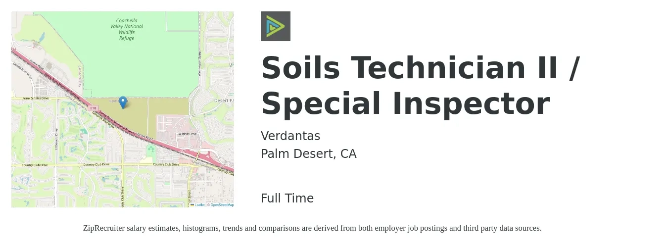 Verdantas job posting for a Soils Technician II / Special Inspector in Palm Desert, CA with a salary of $38,500 to $41,600 Yearly with a map of Palm Desert location.