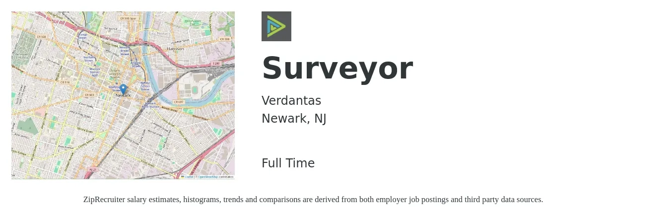 Verdantas job posting for a Surveyor in Newark, NJ with a salary of $54,900 to $95,700 Yearly with a map of Newark location.