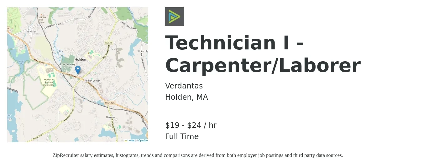 Verdantas job posting for a Technician I - Carpenter/Laborer in Holden, MA with a salary of $23 to $32 Hourly with a map of Holden location.