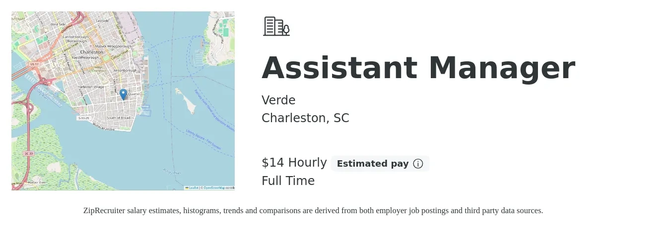 Verde job posting for a Assistant Manager in Charleston, SC with a salary of $15 Hourly with a map of Charleston location.