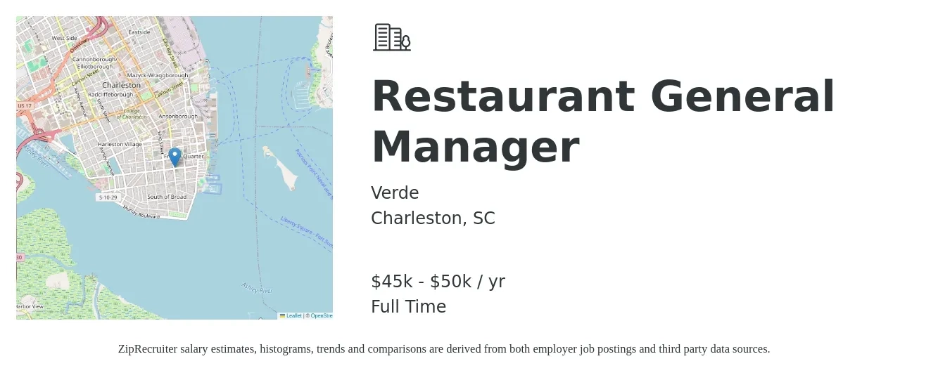 Verde job posting for a Restaurant General Manager in Charleston, SC with a salary of $45,000 to $50,000 Yearly with a map of Charleston location.