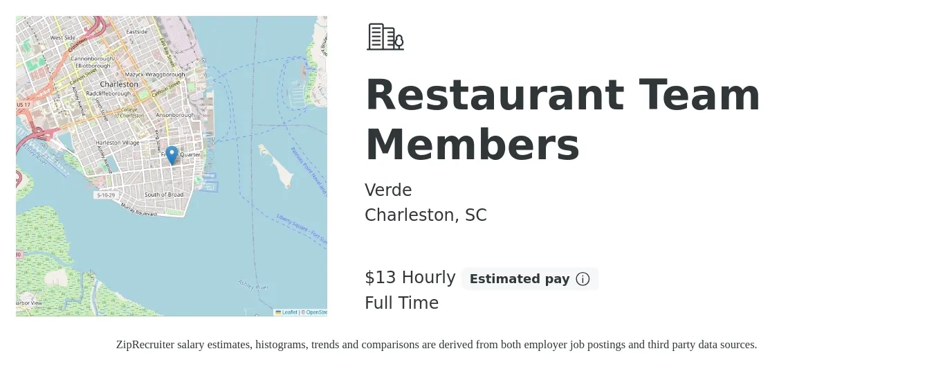 Verde job posting for a Restaurant Team Members in Charleston, SC with a salary of $14 Hourly with a map of Charleston location.