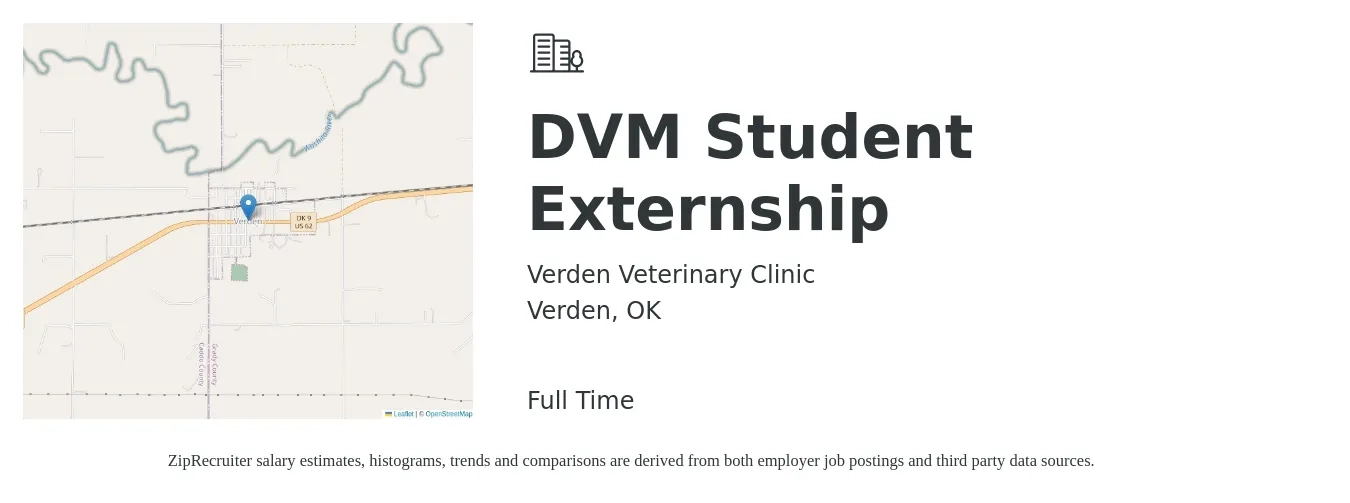 Verden Veterinary Clinic job posting for a DVM Student Externship in Verden, OK with a salary of $94,800 to $184,500 Yearly with a map of Verden location.