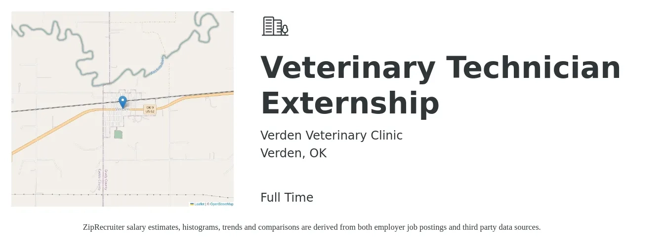 Verden Veterinary Clinic job posting for a Veterinary Technician Externship in Verden, OK with a salary of $16 to $22 Hourly with a map of Verden location.