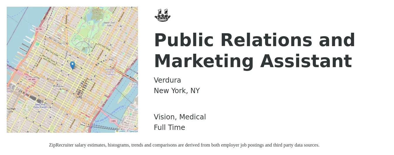 Verdura job posting for a Public Relations and Marketing Assistant in New York, NY with a salary of $19 to $30 Hourly and benefits including life_insurance, medical, pto, retirement, and vision with a map of New York location.