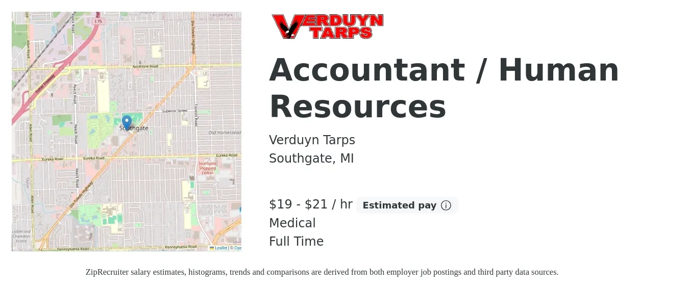 Verduyn Tarps job posting for a Accountant / Human Resources in Southgate, MI with a salary of $20 to $22 Hourly and benefits including medical, pto, and retirement with a map of Southgate location.
