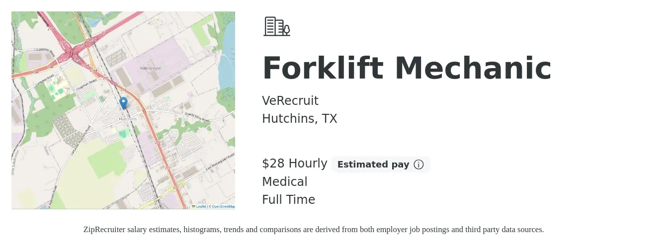 VeRecruit job posting for a Forklift Mechanic in Hutchins, TX with a salary of $30 Hourly and benefits including medical, and pto with a map of Hutchins location.