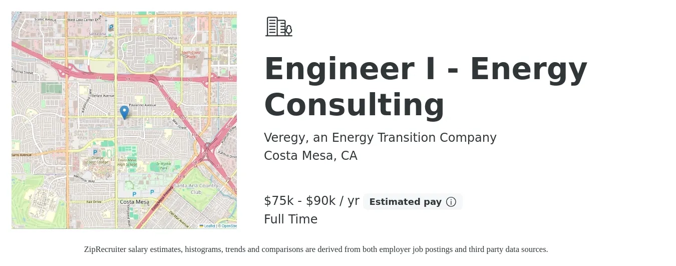 Veregy, an Energy Transition Company job posting for a Engineer I - Energy Consulting in Costa Mesa, CA with a salary of $75,000 to $90,000 Yearly with a map of Costa Mesa location.