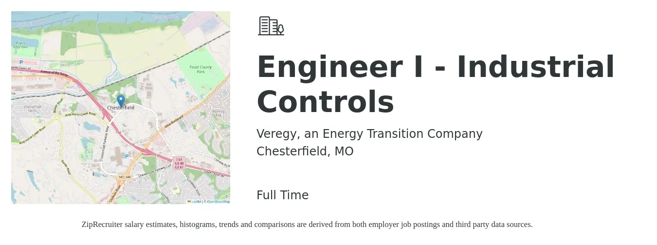 Veregy, an Energy Transition Company job posting for a Engineer I - Industrial Controls in Chesterfield, MO with a salary of $82,600 to $106,900 Yearly with a map of Chesterfield location.