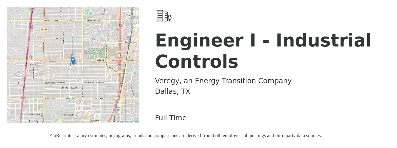 Veregy, an Energy Transition Company job posting for a Engineer I - Industrial Controls in Dallas, TX with a salary of $82,600 to $106,800 Yearly with a map of Dallas location.