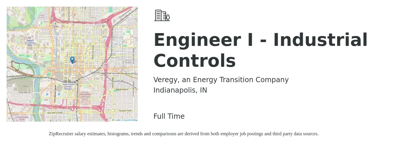 Veregy, an Energy Transition Company job posting for a Engineer I - Industrial Controls in Indianapolis, IN with a salary of $79,800 to $103,200 Yearly with a map of Indianapolis location.