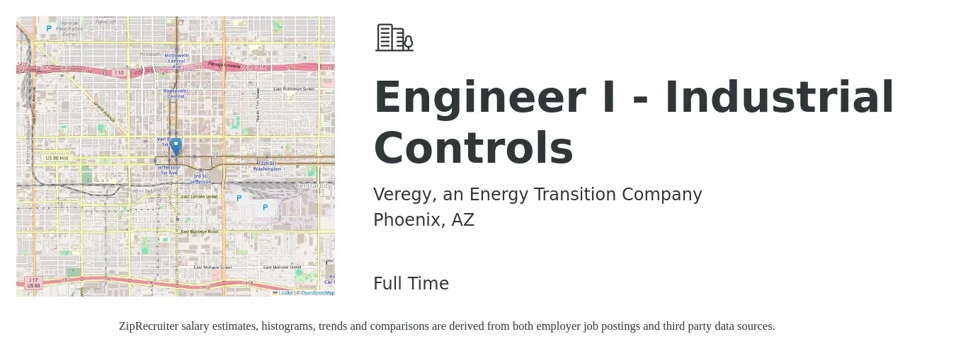 Veregy, an Energy Transition Company job posting for a Engineer I - Industrial Controls in Phoenix, AZ with a salary of $79,700 to $103,100 Yearly with a map of Phoenix location.