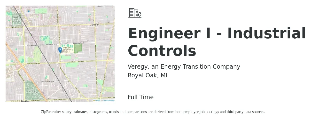 Veregy, an Energy Transition Company job posting for a Engineer I - Industrial Controls in Royal Oak, MI with a salary of $78,000 to $100,900 Yearly with a map of Royal Oak location.
