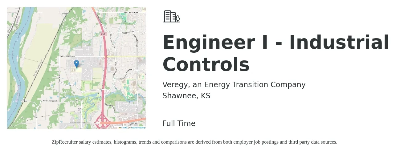 Veregy, an Energy Transition Company job posting for a Engineer I - Industrial Controls in Shawnee, KS with a salary of $80,000 to $103,500 Yearly with a map of Shawnee location.