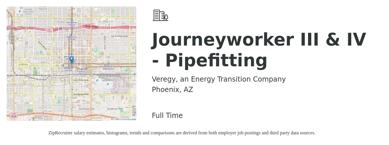 Veregy, an Energy Transition Company job posting for a Journeyworker III & IV - Pipefitting in Phoenix, AZ with a salary of $24 to $31 Hourly with a map of Phoenix location.
