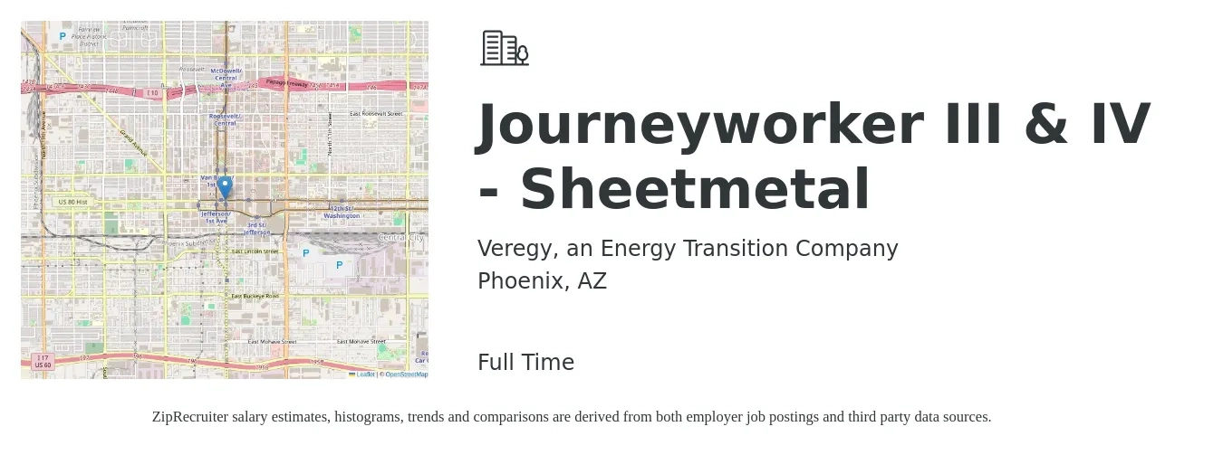 Veregy, an Energy Transition Company job posting for a Journeyworker III & IV - Sheetmetal in Phoenix, AZ with a salary of $24 to $31 Hourly with a map of Phoenix location.