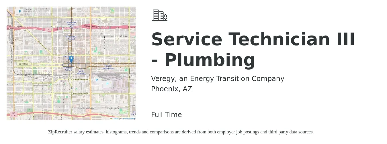 Veregy, an Energy Transition Company job posting for a Service Technician III - Plumbing in Phoenix, AZ with a salary of $24 to $36 Hourly with a map of Phoenix location.
