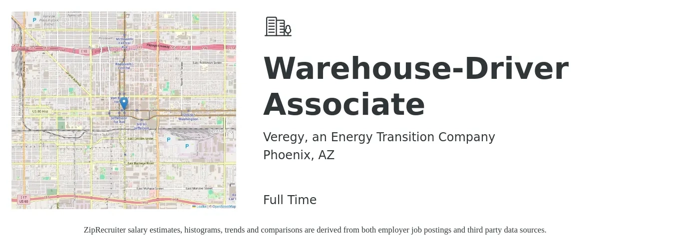 Veregy, an Energy Transition Company job posting for a Warehouse-Driver Associate in Phoenix, AZ with a salary of $16 to $20 Hourly with a map of Phoenix location.
