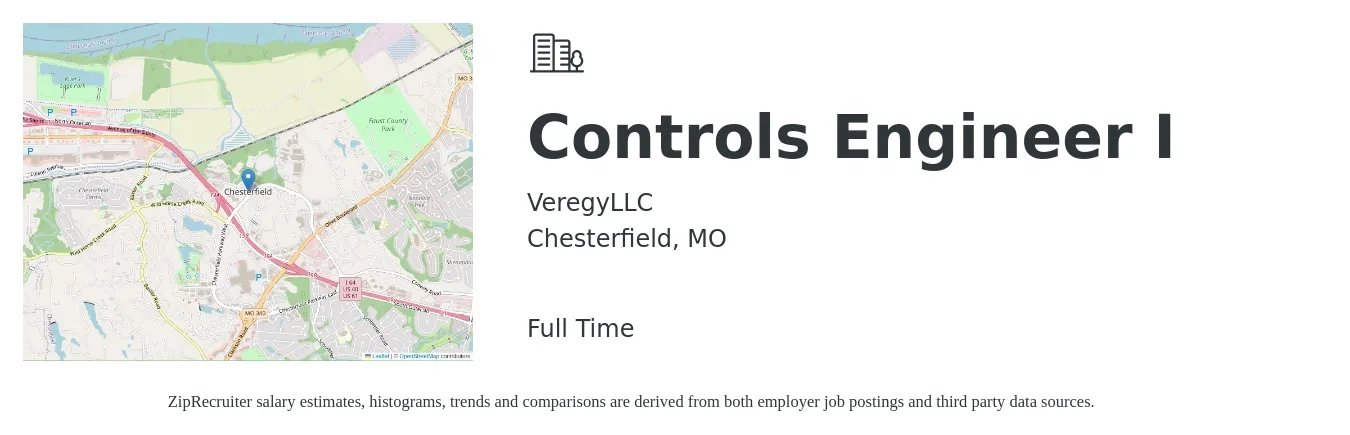 VeregyLLC job posting for a Controls Engineer I in Chesterfield, MO with a salary of $82,600 to $106,900 Yearly with a map of Chesterfield location.