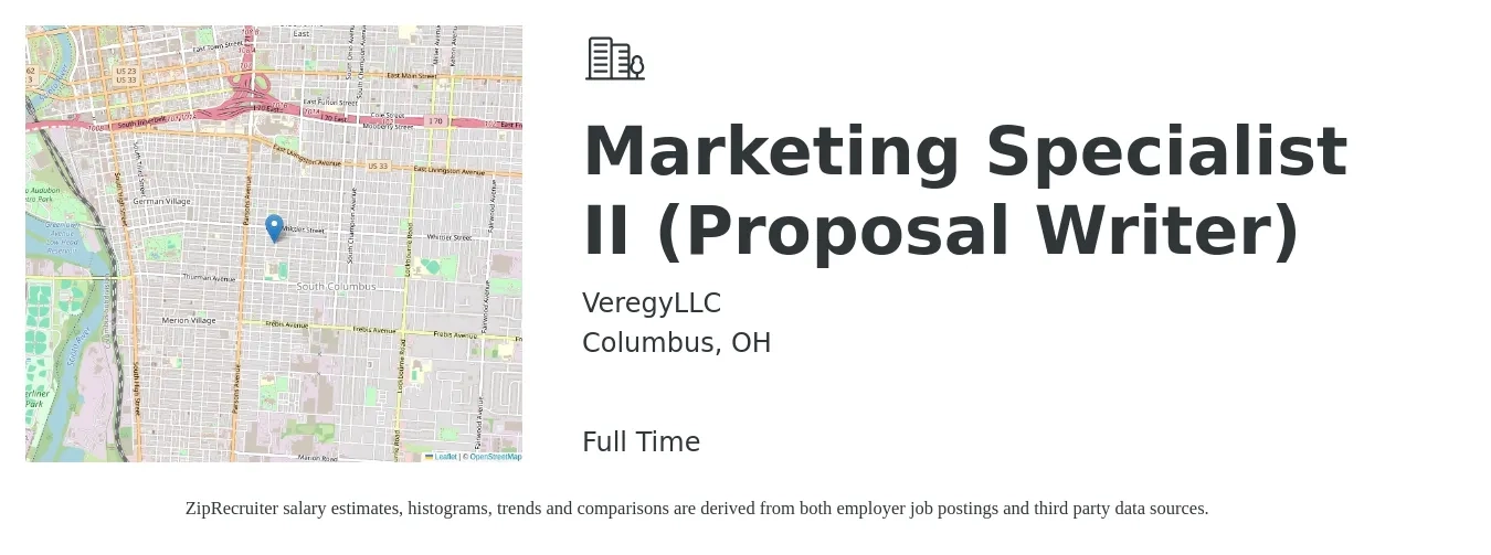 VeregyLLC job posting for a Marketing Specialist II (Proposal Writer) in Columbus, OH with a salary of $29 to $44 Hourly with a map of Columbus location.