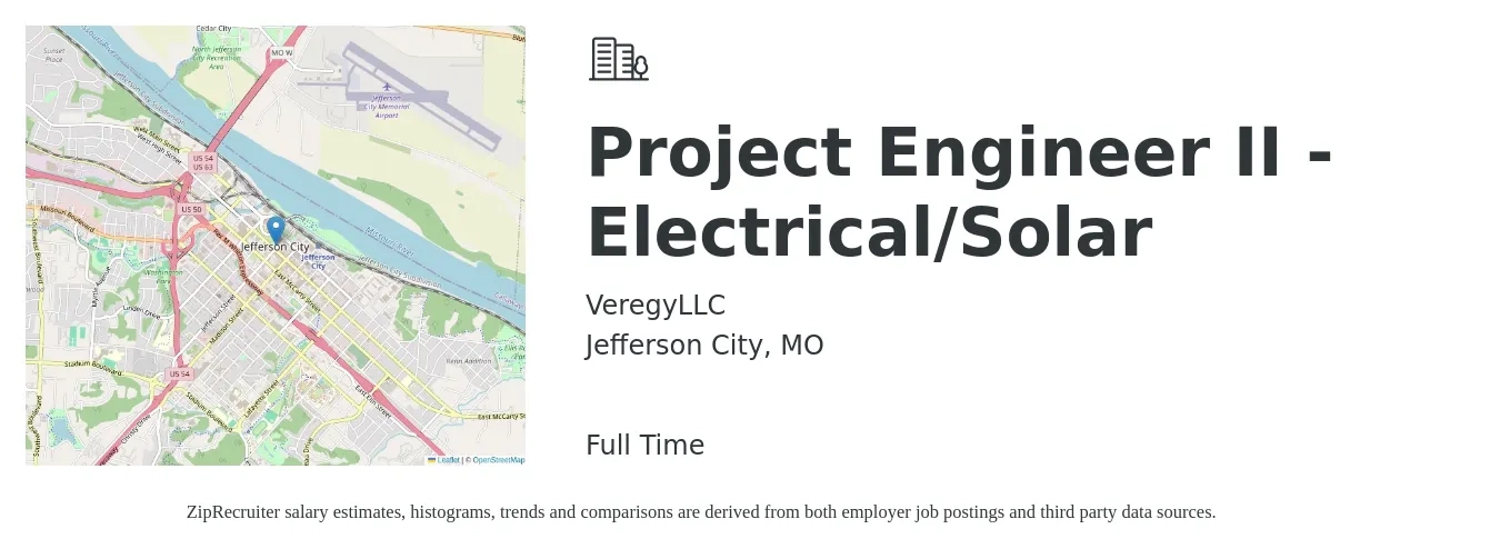 VeregyLLC job posting for a Project Engineer II - Electrical/Solar in Jefferson City, MO with a salary of $83,400 to $113,700 Yearly with a map of Jefferson City location.