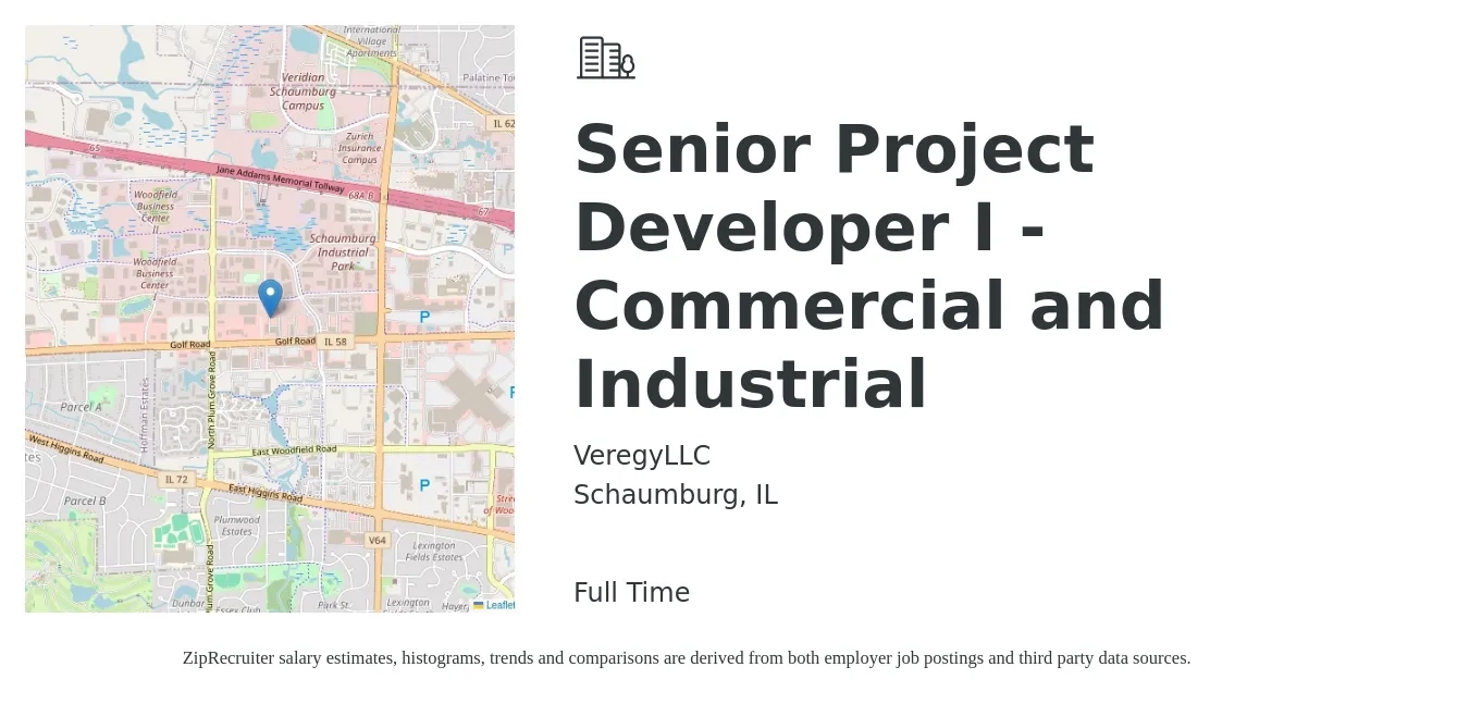 VeregyLLC job posting for a Senior Project Developer I - Commercial and Industrial in Schaumburg, IL with a salary of $101,600 to $143,400 Yearly with a map of Schaumburg location.