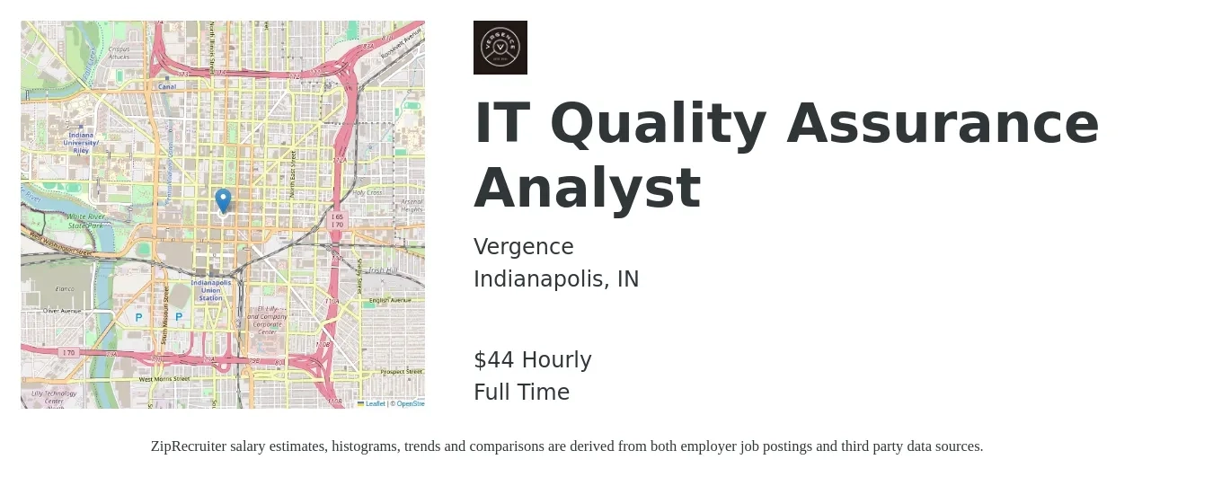 Vergence job posting for a IT Quality Assurance Analyst in Indianapolis, IN with a salary of $47 Hourly with a map of Indianapolis location.