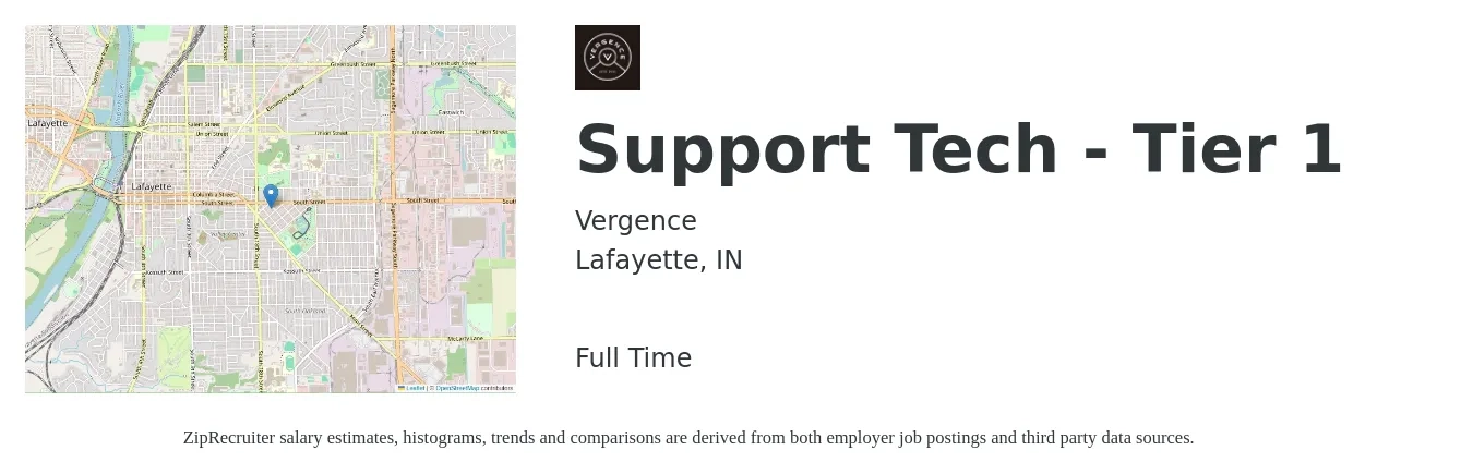 Vergence job posting for a Support Tech - Tier 1 in Lafayette, IN with a salary of $36,100 to $45,200 Yearly with a map of Lafayette location.