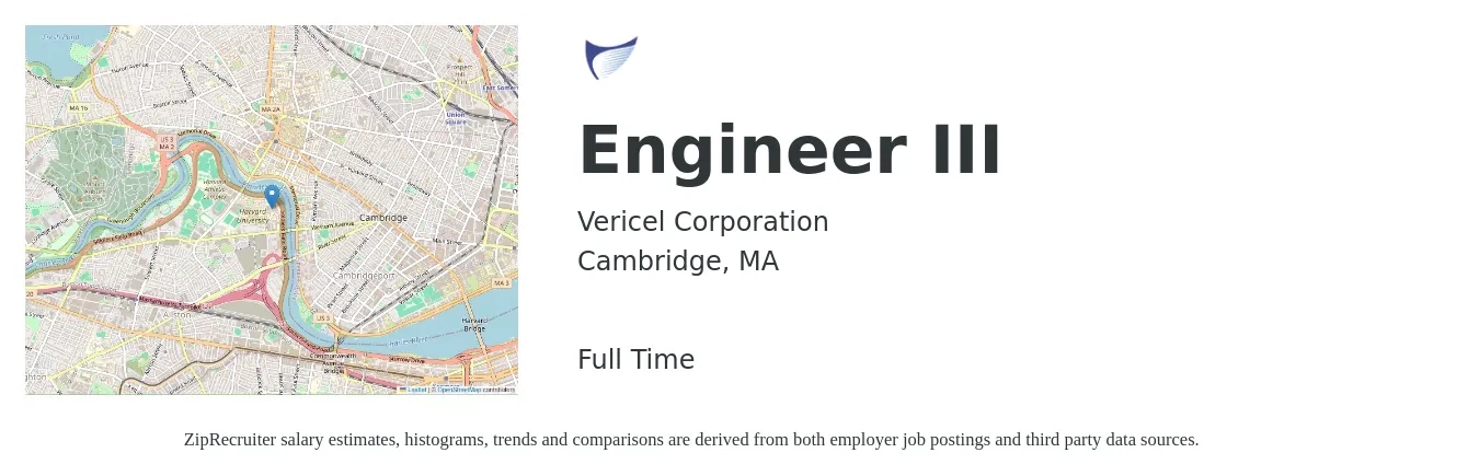 Vericel Corporation job posting for a Engineer III in Cambridge, MA with a salary of $91,300 to $126,600 Yearly with a map of Cambridge location.