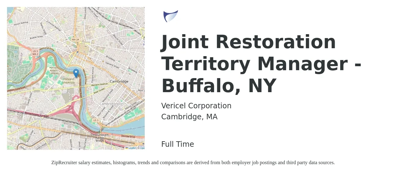 Vericel Corporation job posting for a Joint Restoration Territory Manager - Buffalo, NY in Cambridge, MA with a salary of $81,500 to $121,200 Yearly with a map of Cambridge location.