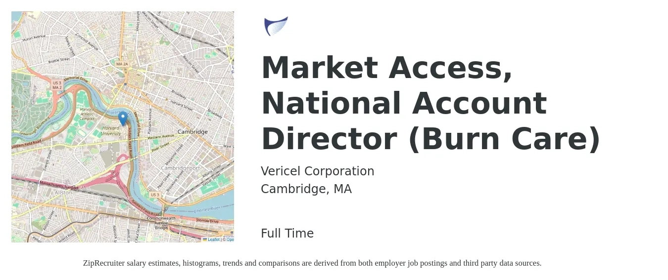 Vericel Corporation job posting for a Market Access, National Account Director (Burn Care) in Cambridge, MA with a salary of $121,200 to $213,100 Yearly with a map of Cambridge location.